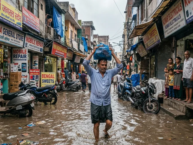 A forwarded photo of a man wading through a flooded market street, later shown to be generated by AI.