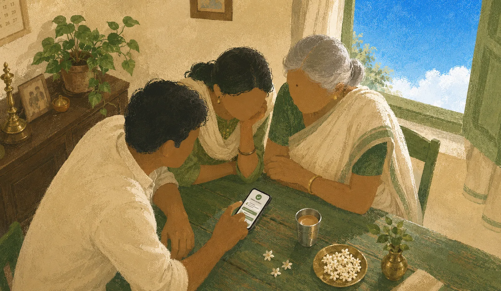 A painted scene: three generations of a family lean over one phone at a green table, a verdict glowing on the screen, with chai and jasmine beside them and the blue sky outside the window.