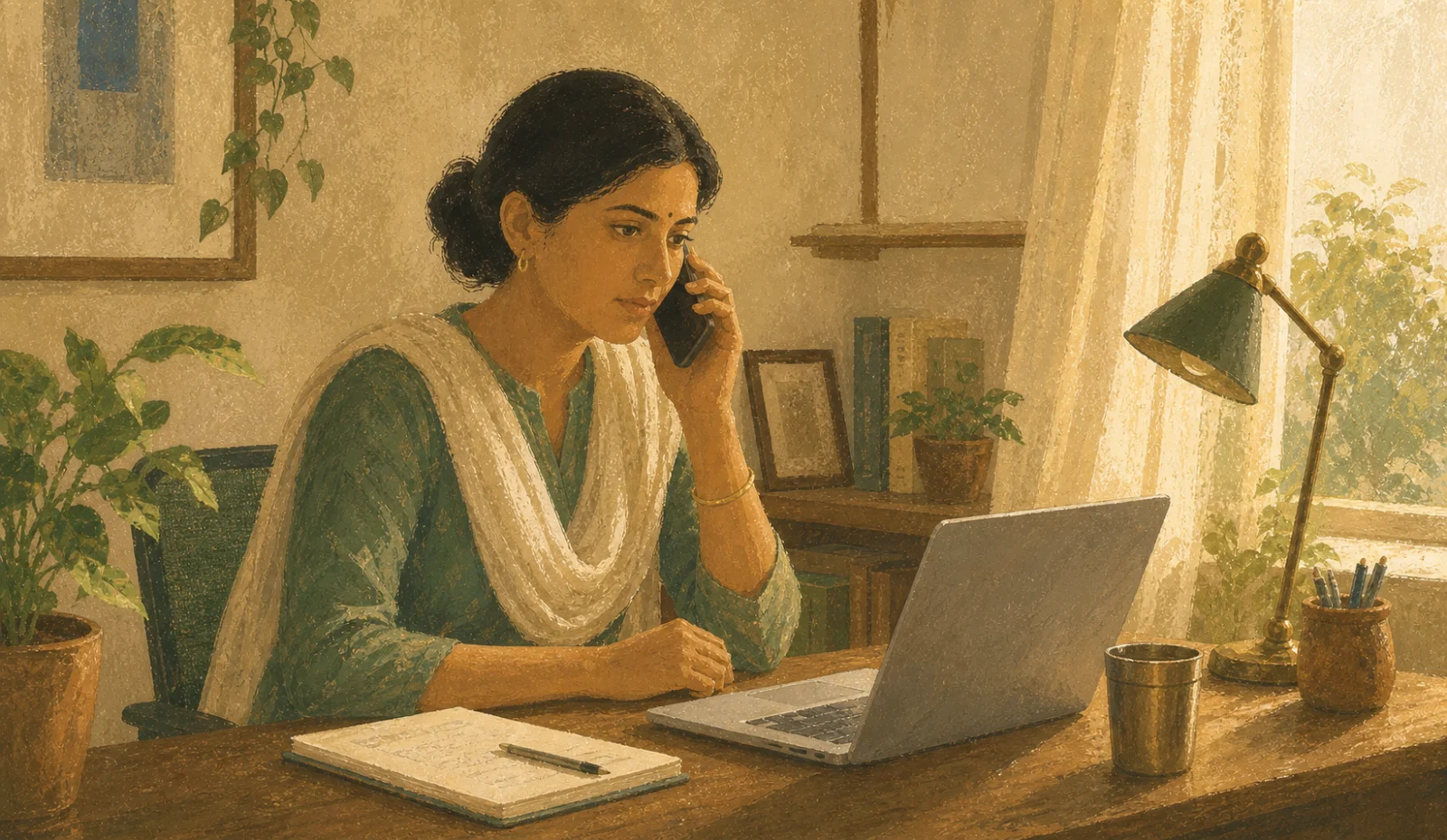 A painted scene of an Indian human support specialist speaking on the phone at her desk, with a laptop and notebook open in warm afternoon light.